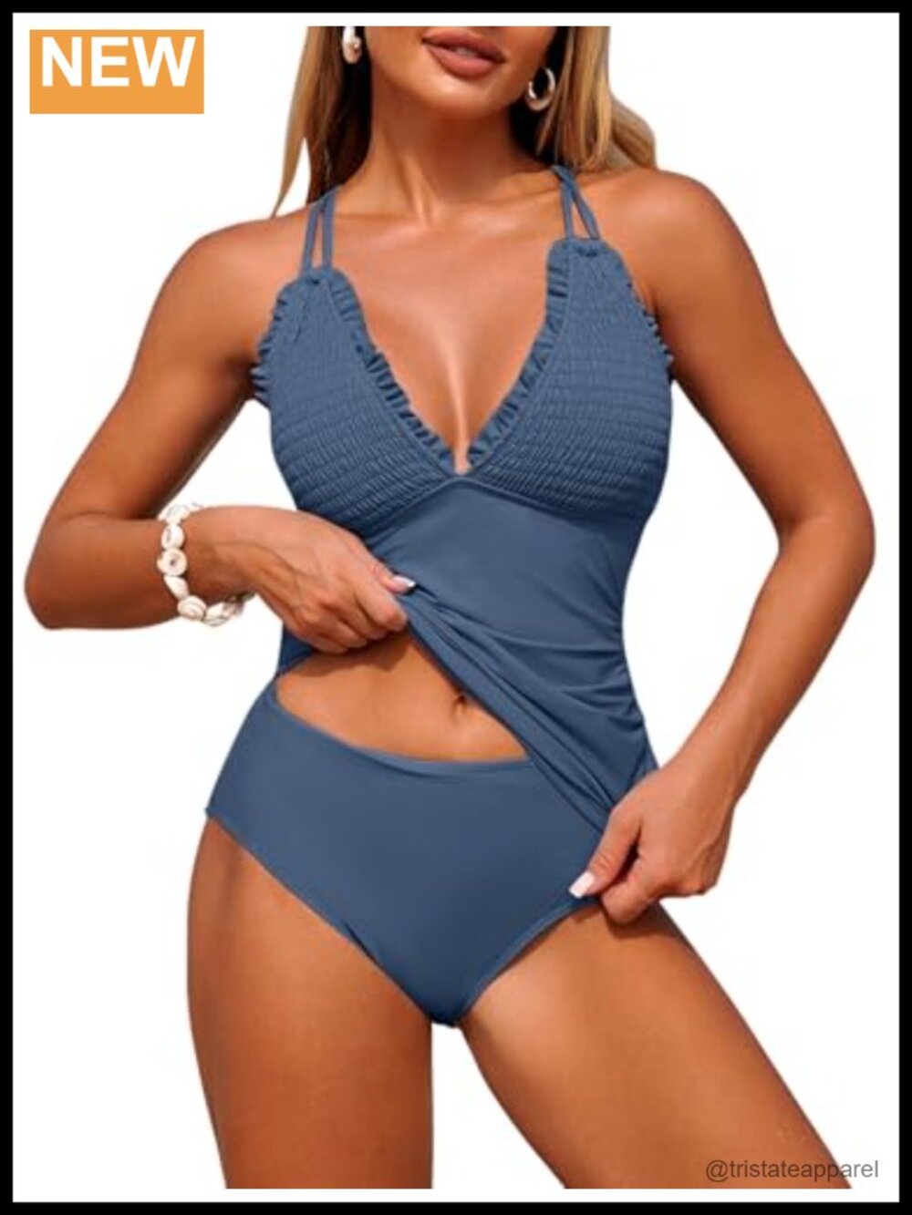Women's Smocked Tankini Set V-Neck Ruffled Swim Top High Waisted Bottoms
